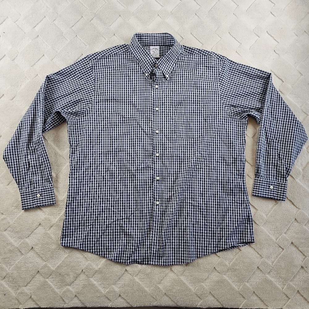 Brooks Brothers Oxford Button-Down Dress Shirt 18-36 Navy White Gingham Plaid